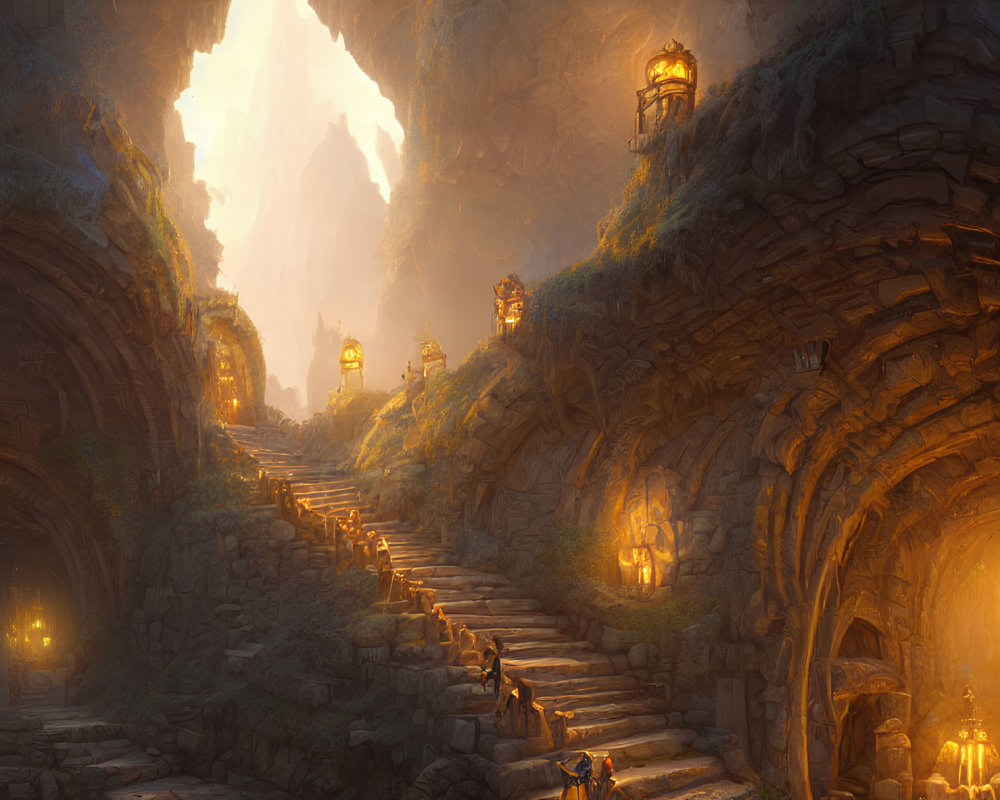 Subterranean city with stone stairs and warm lanterns under cavernous opening.