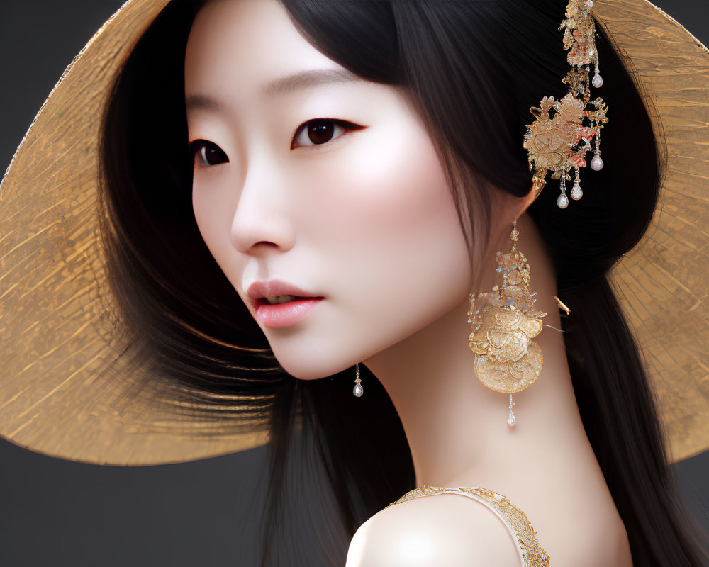 Asian woman in traditional conical hat and gold jewelry on dark background