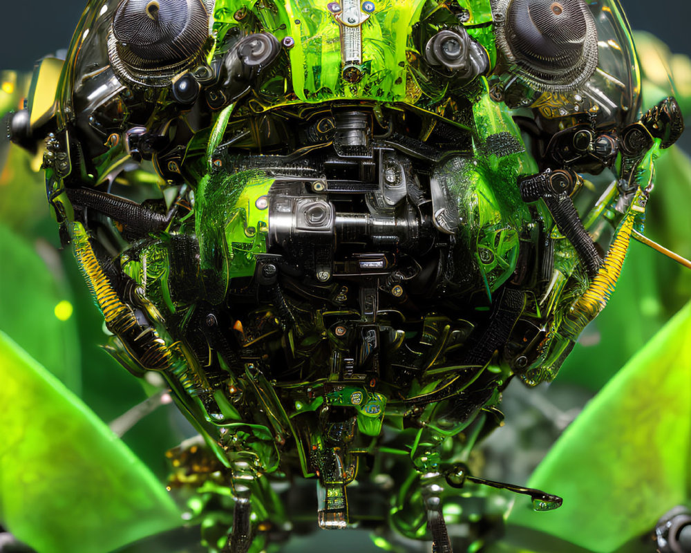 Detailed futuristic mechanical sphere with green lighting and metallic parts.