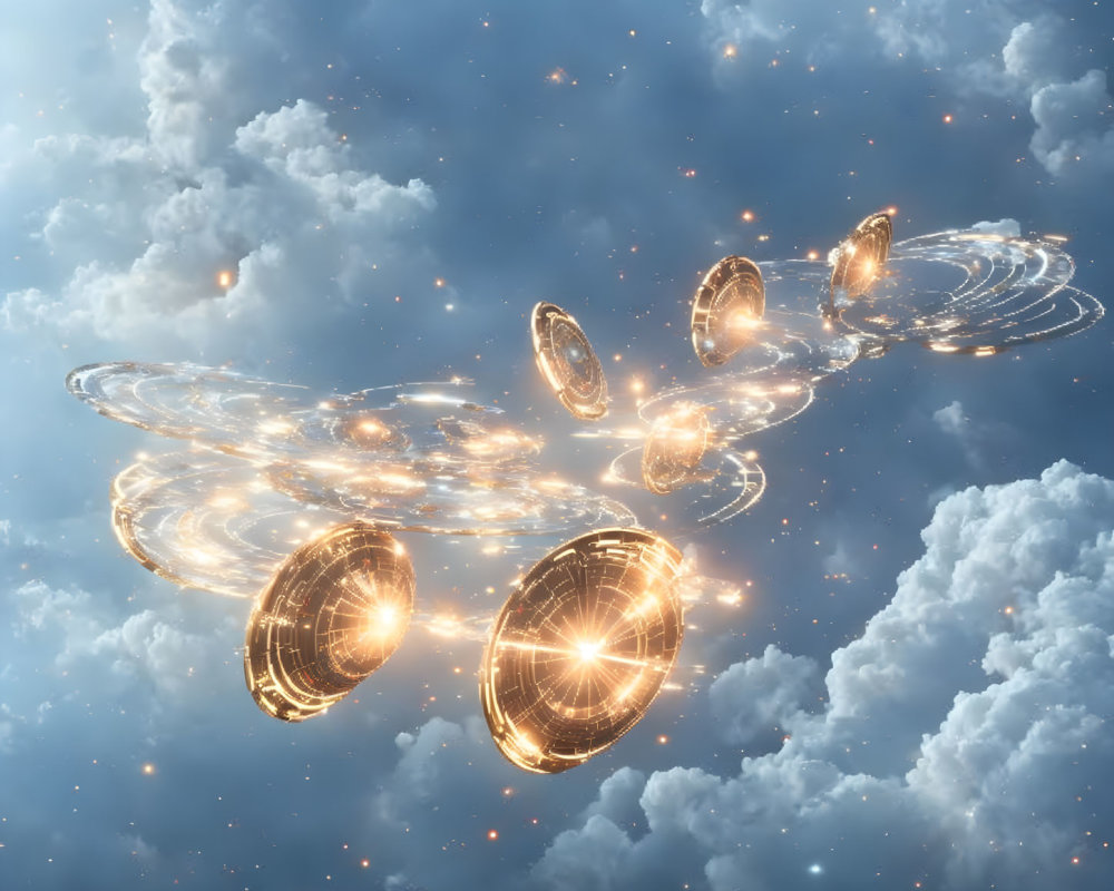 Futuristic golden rings floating among clouds in digital artwork