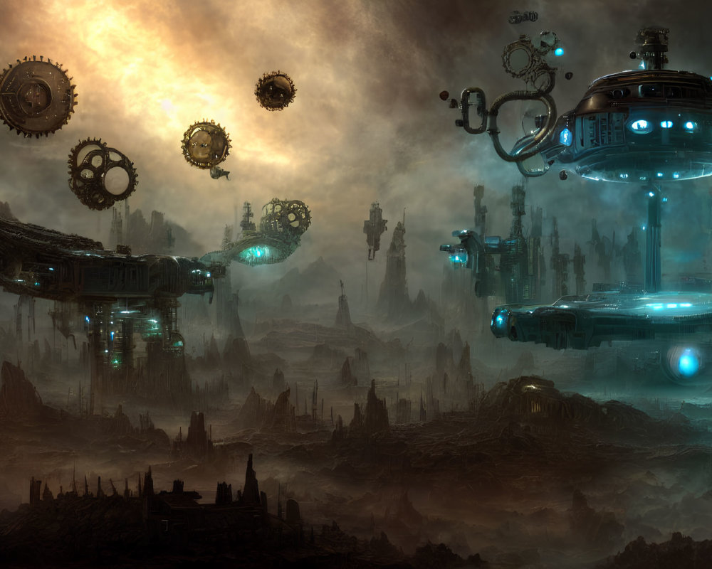 Dystopian steampunk landscape with floating gears and airships