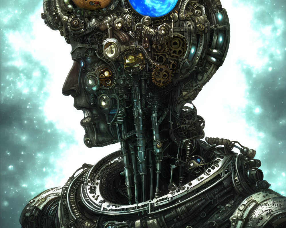 Detailed Illustration of Robotic Head with Celestial Globe Crown