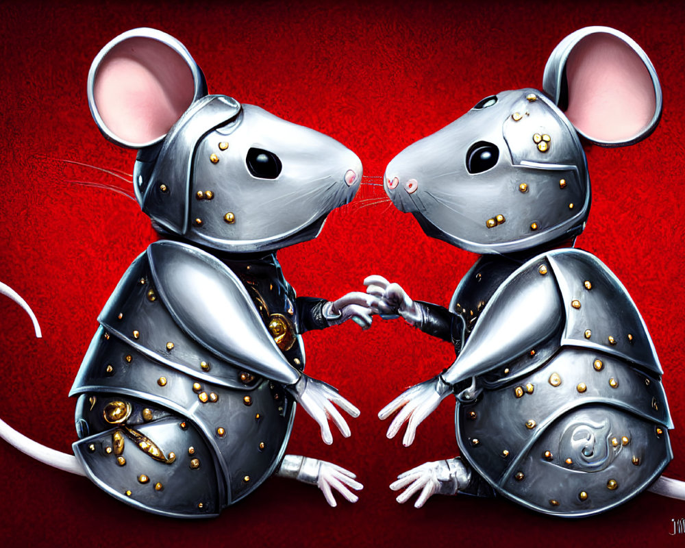 Medieval armor-clad mice touching hands on red background