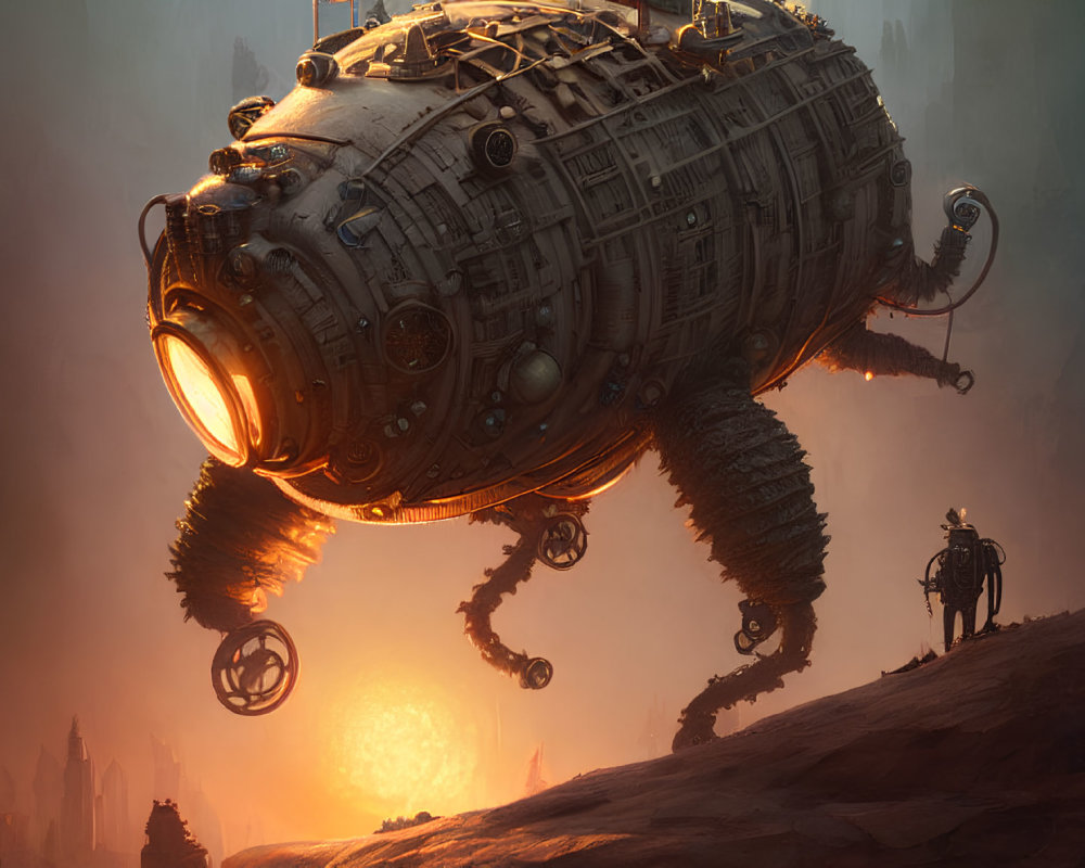 Gigantic steampunk airship at sunset with lone figure observing
