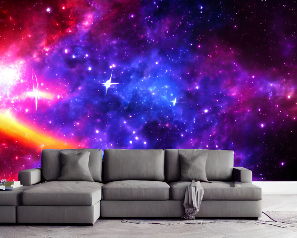 Modern Living Room with Large Grey Sectional Sofa & Cosmic Galaxy-Print Wallpaper