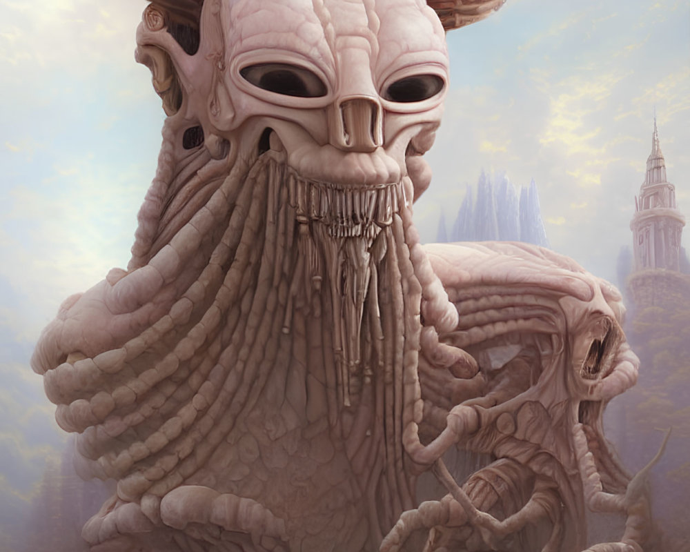 Gigantic humanoid-faced octopus creature dominates misty landscape