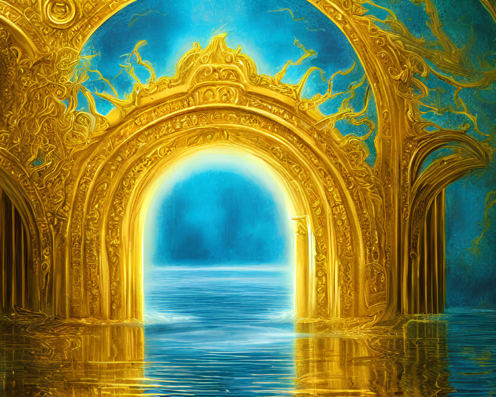 Golden archway leading to tranquil blue water and intricate designs.