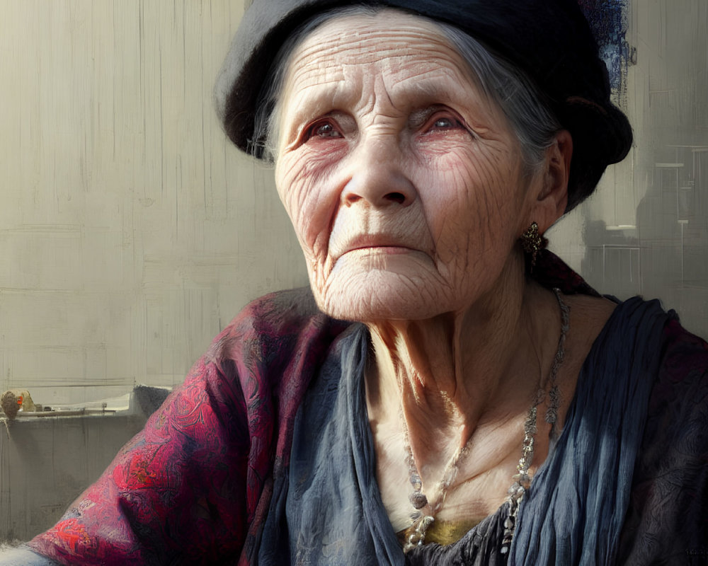 Elderly woman in black hat and colorful blouse gazing upwards.