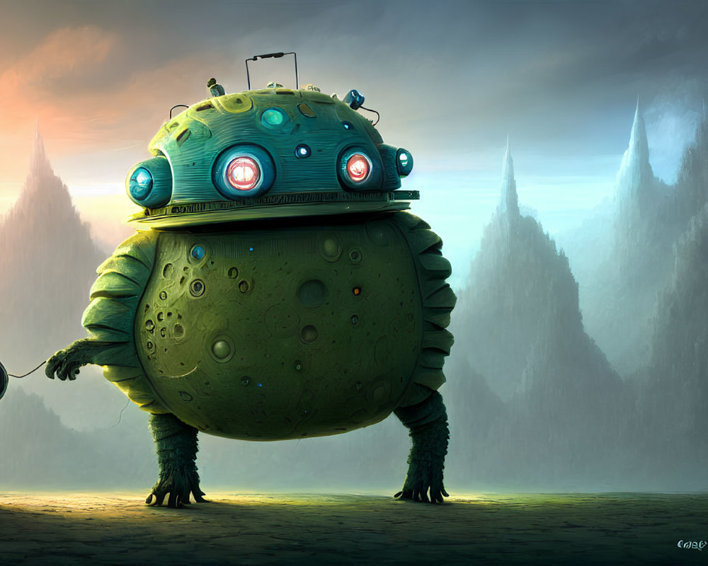 Large green robot with dome body and spindly legs in misty landscape