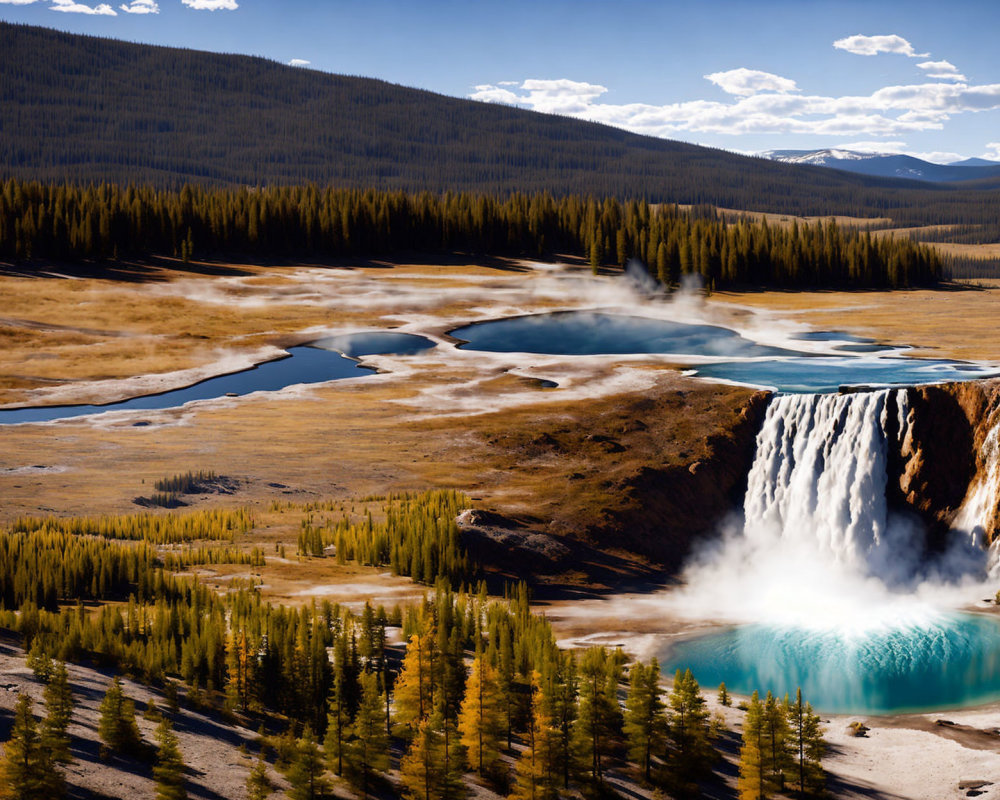 Vibrant landscape: waterfall, steam, turquoise pool, autumn trees