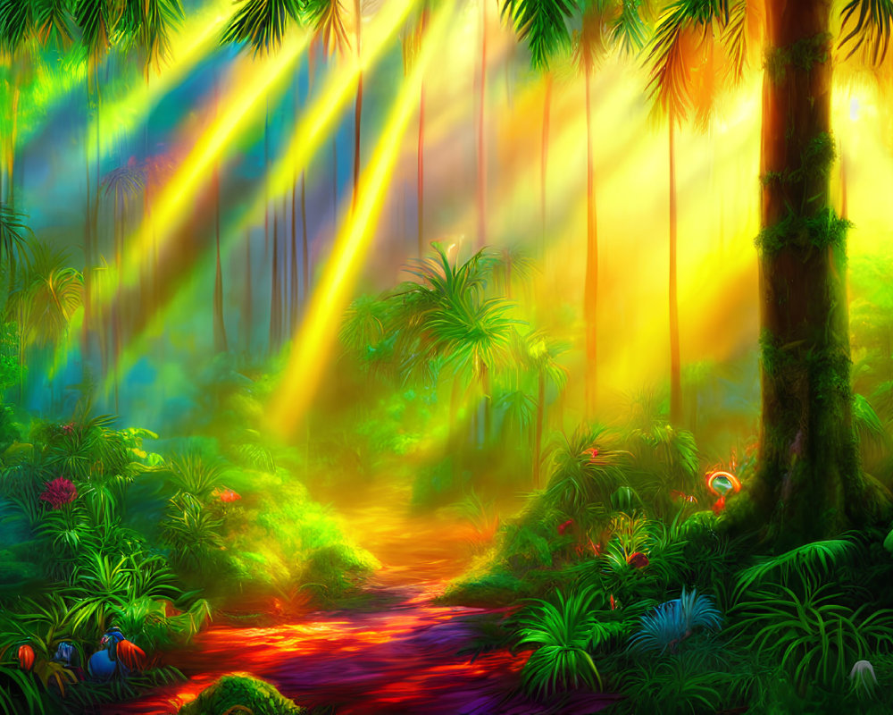 Lush Jungle Scene with Sunlight Peeking Through Foliage