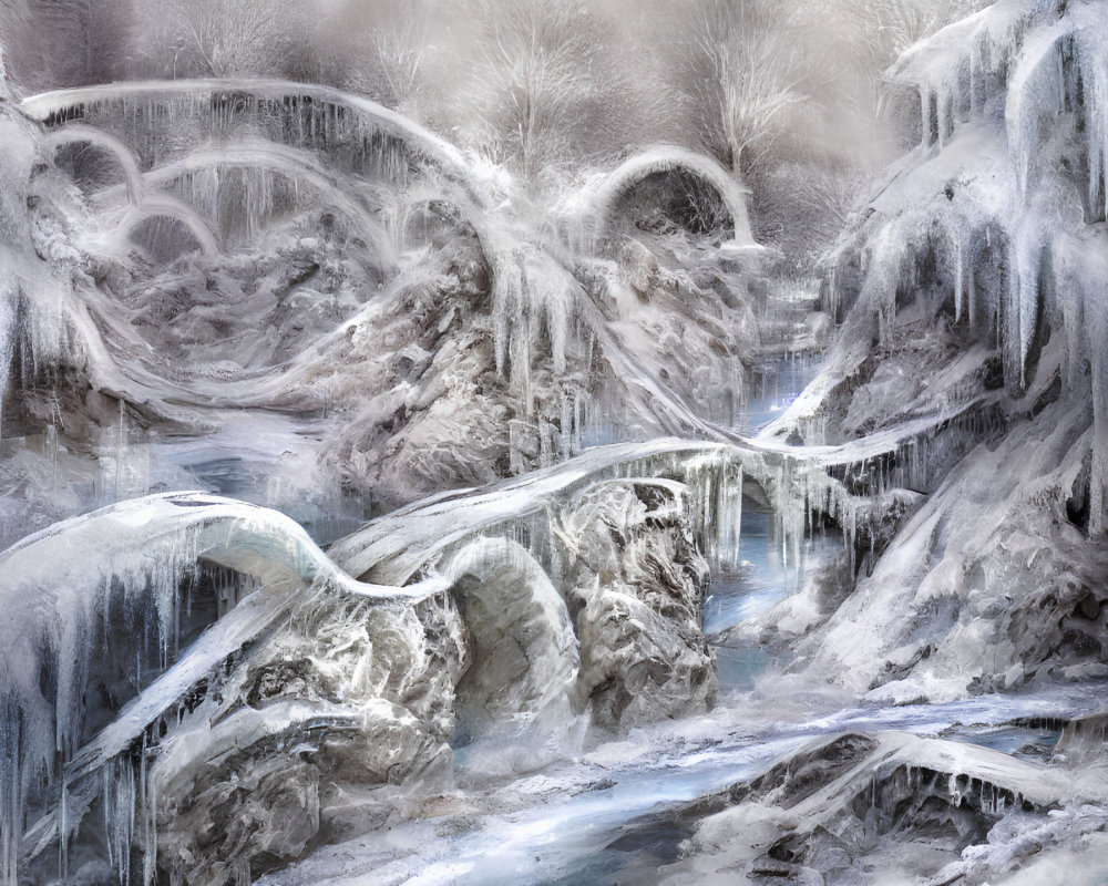 Frozen Waterfall and Snowy Landscapes with Icicles and Blue Stream