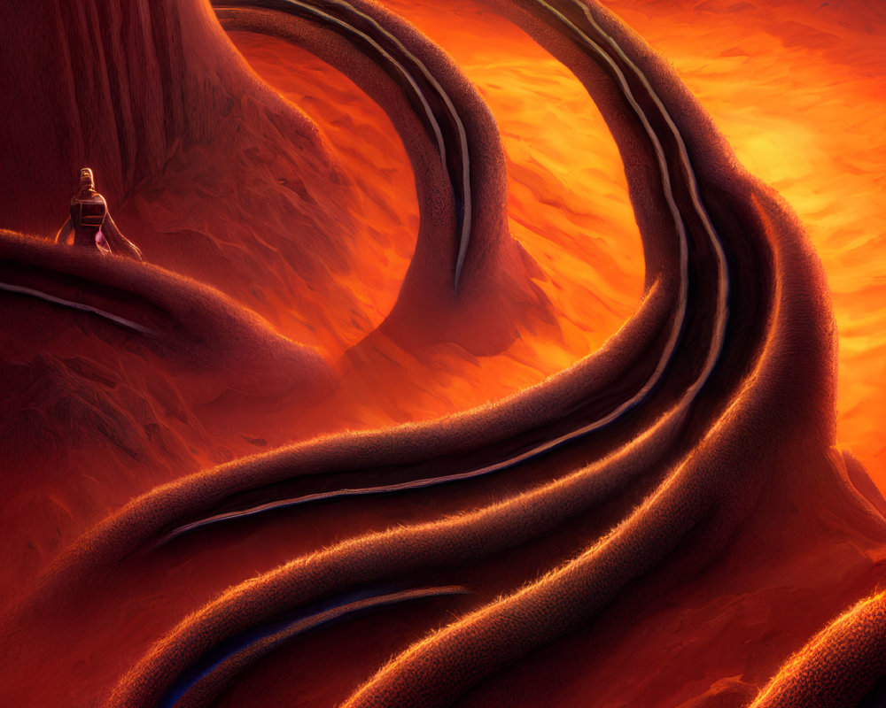 Surreal desert landscape with winding path and figures in warm light