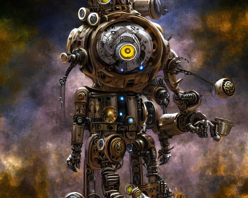 Detailed steampunk-style robot with glowing eye, mechanical body, holding cup, against celestial backdrop
