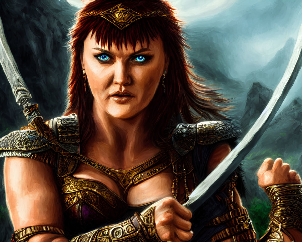 Warrior woman with blue eyes and red hair dual-wielding swords against mountainous background