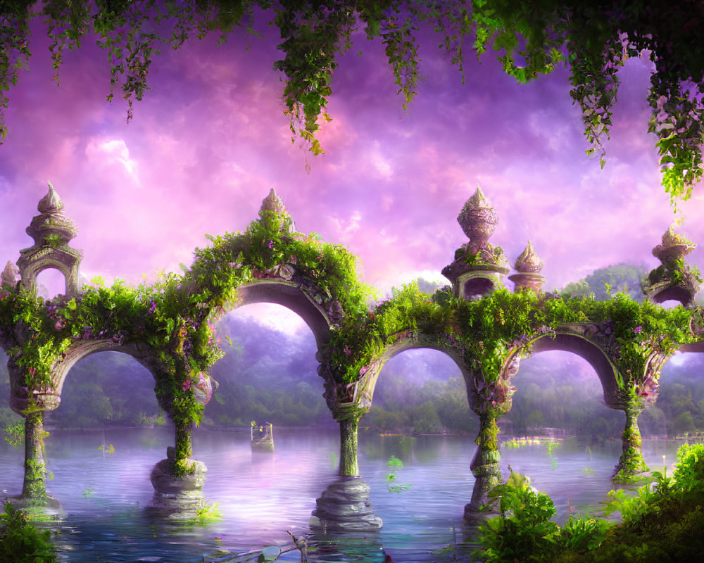 Ornate stone bridge over tranquil lake in fantastical landscape