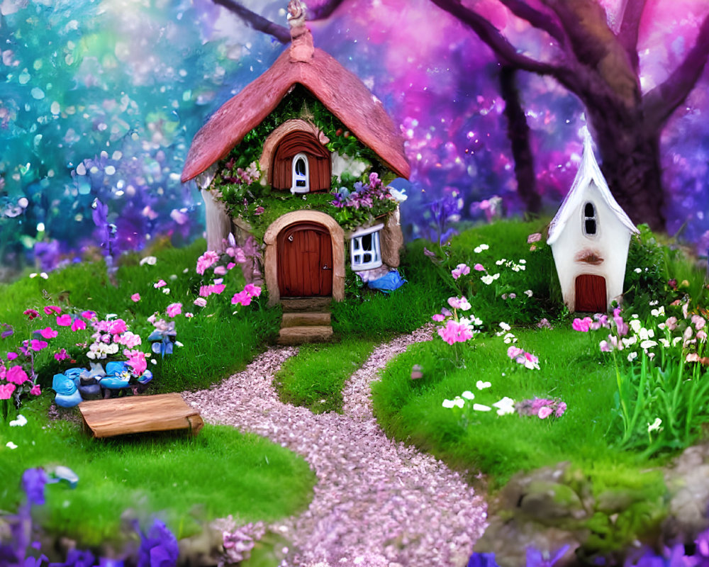 Colorful fairy-tale scene with charming cottage, vibrant flowers, and lush tree