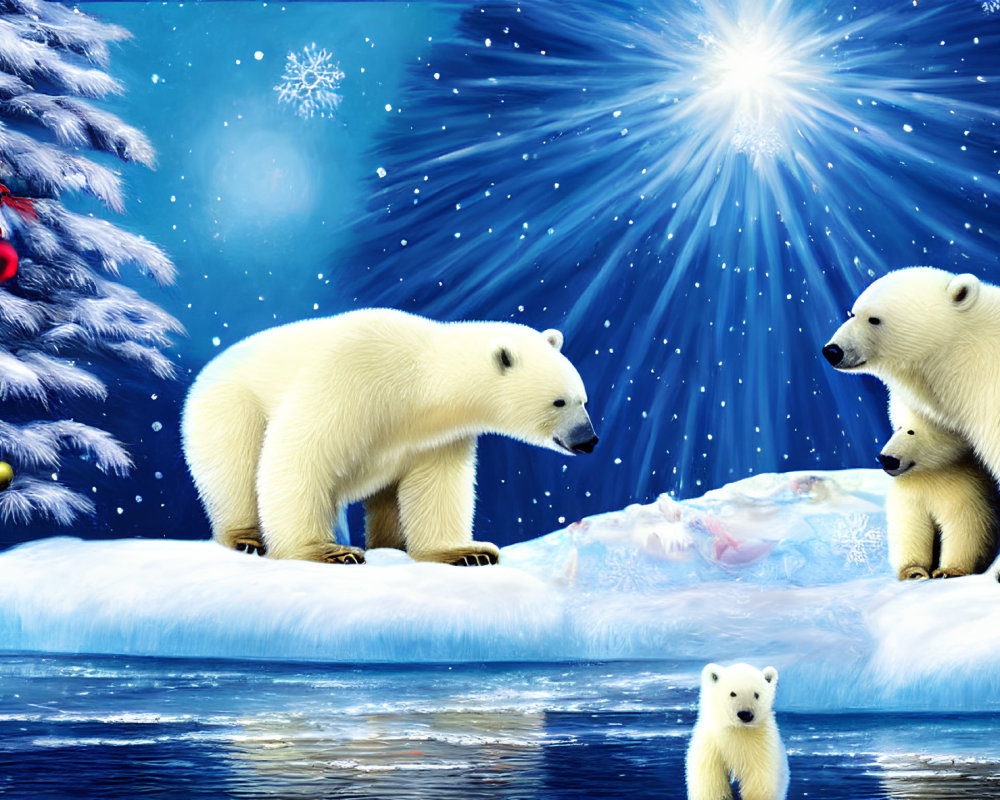 Polar Bears on Ice Floes with Christmas Tree and Starry Night Sky