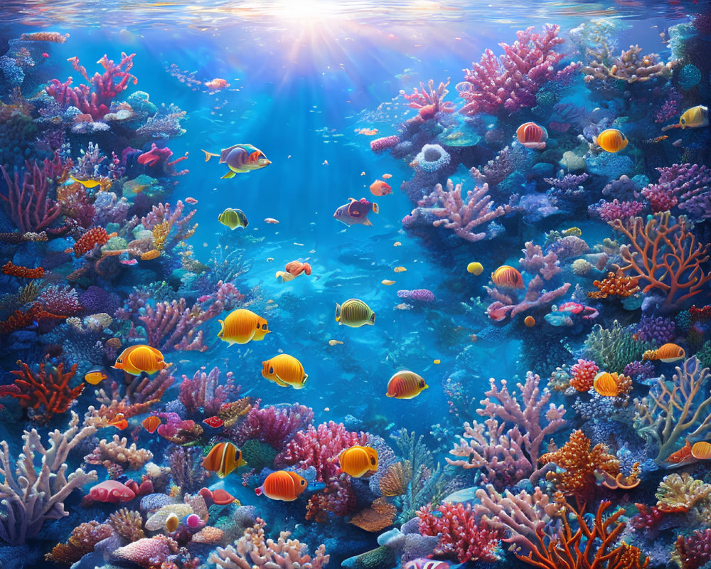 Colorful Fish and Coral in Sunlit Underwater Scene