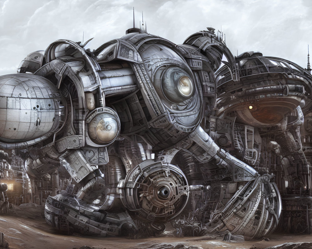 Detailed Sci-Fi Illustration: Massive Robotic Structure in Dystopian Cityscape