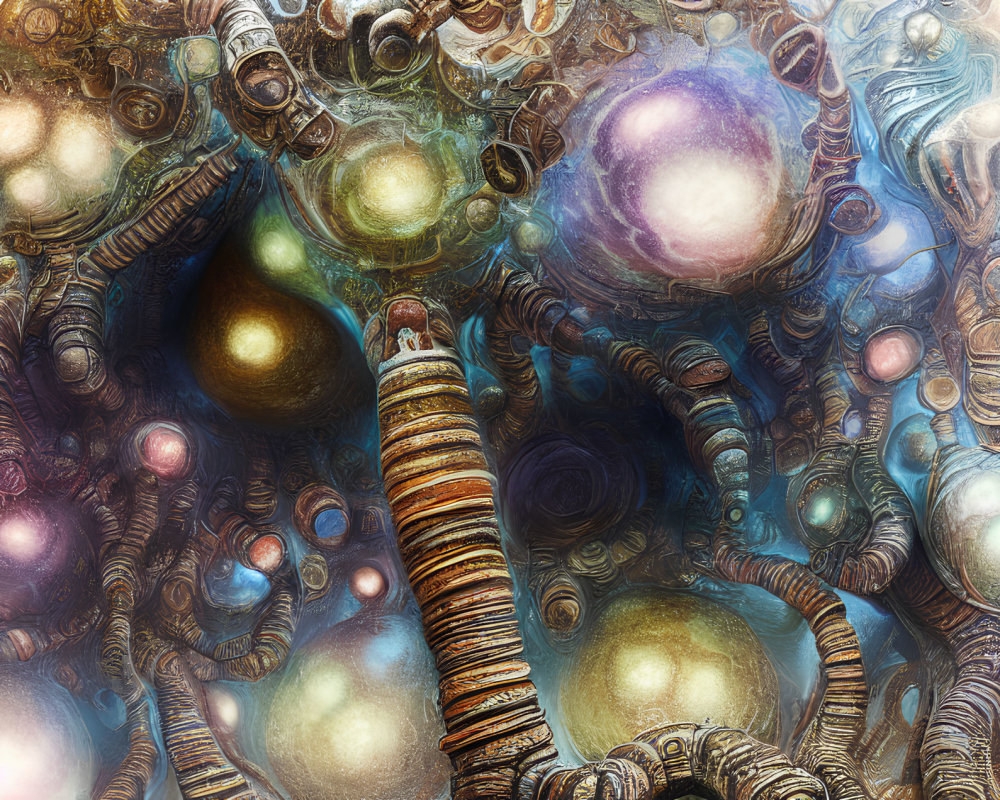 Detailed Fractal Image: Cosmic Metallic Structures and Spheres in Various Colors