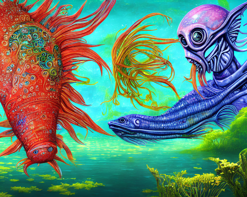Colorful fish and squid-like creature in vibrant underwater scene
