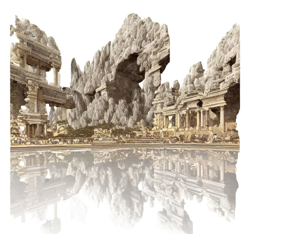 Ancient ruins with classical columns and rocky cliffs reflected in water