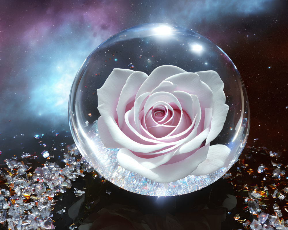Pink rose in crystal sphere with diamonds under starry sky