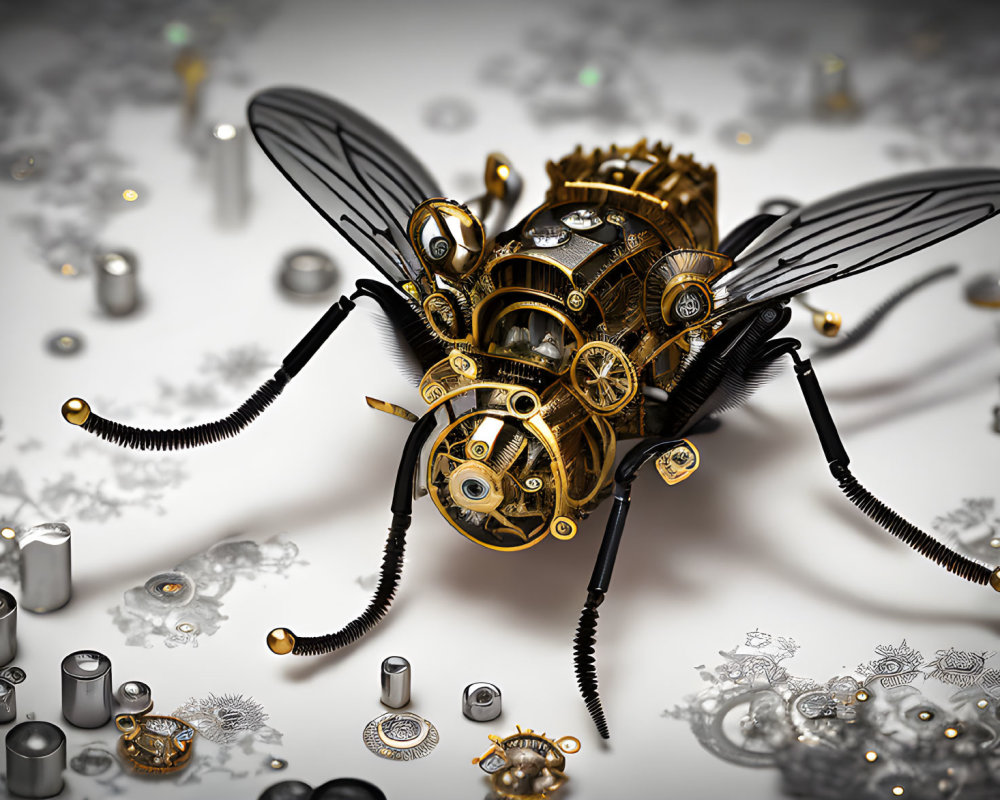 Steampunk-style mechanical bee with gears and watch parts on light background