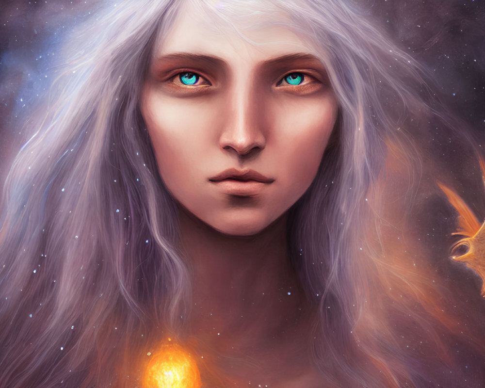 Portrait of person with pale skin, blue eyes, silver hair, cosmic backdrop, golden creature.