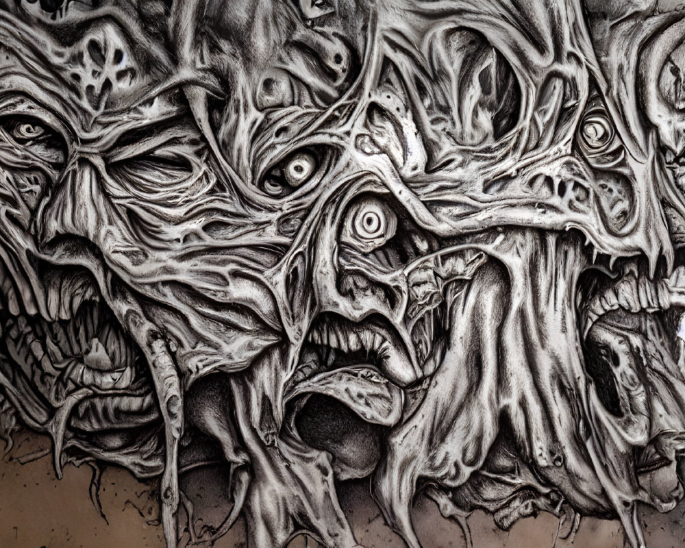 Monochromatic horror-themed illustration with tormented faces, skulls, and eerie eyes merged.