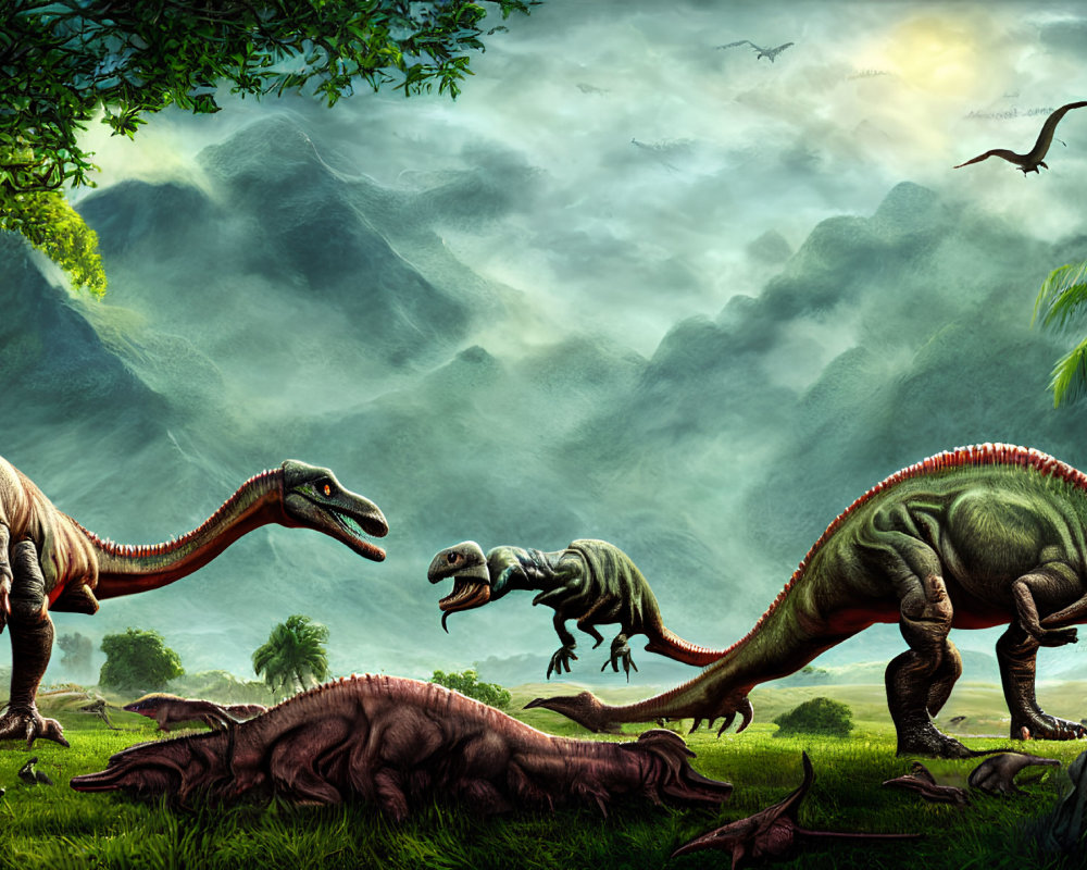 Prehistoric landscape with sauropod, tyrannosaur, lush vegetation