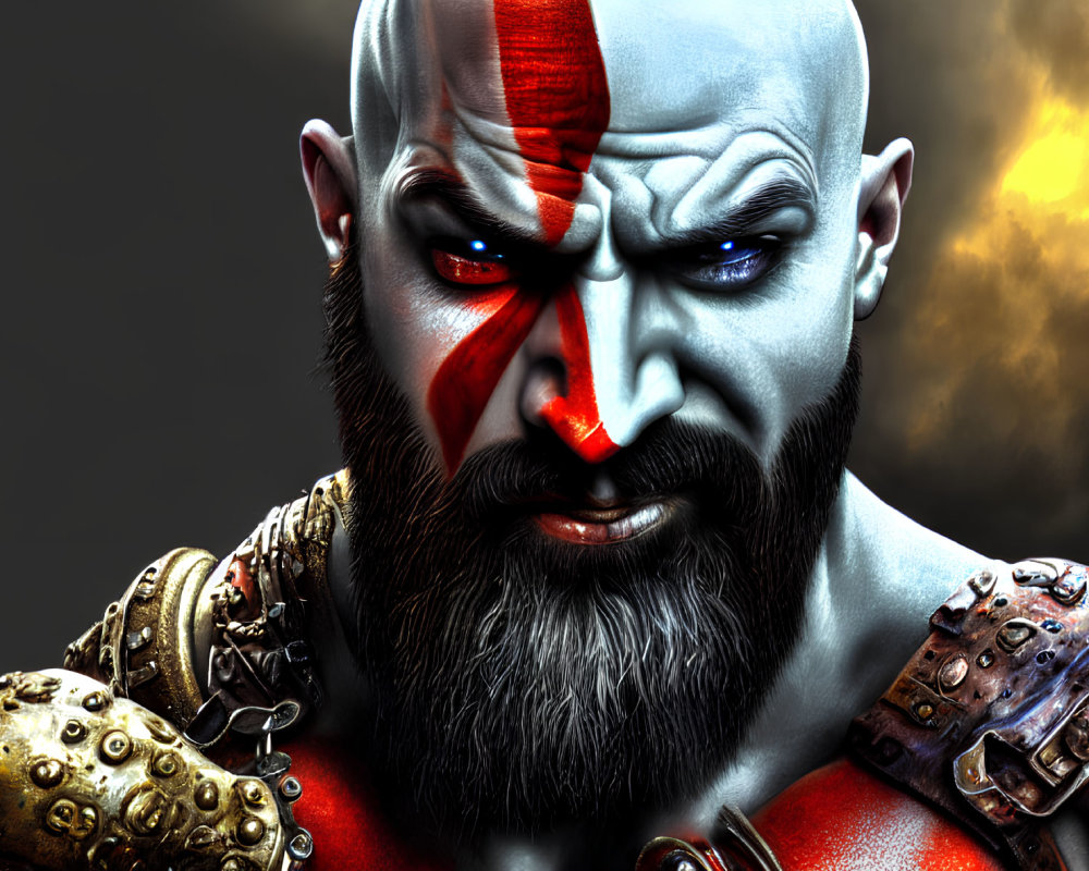 Detailed digital artwork: stern, bearded man in ancient warrior attire with red face paint.