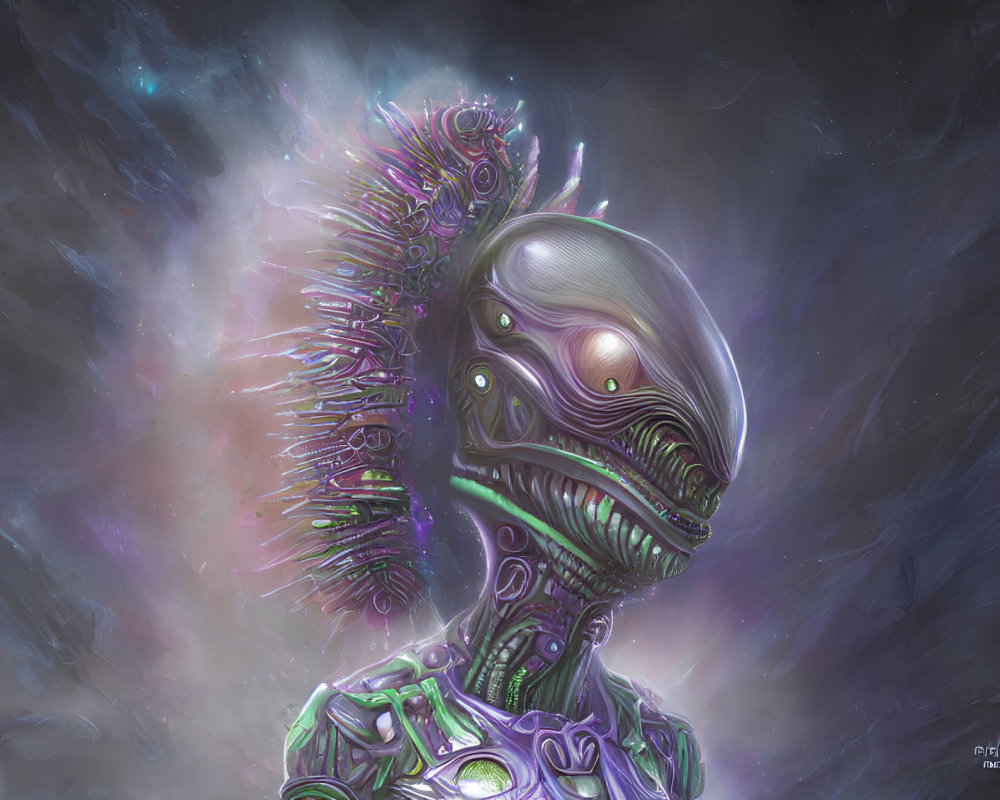 Cybernetic alien with glowing armor in cosmic setting