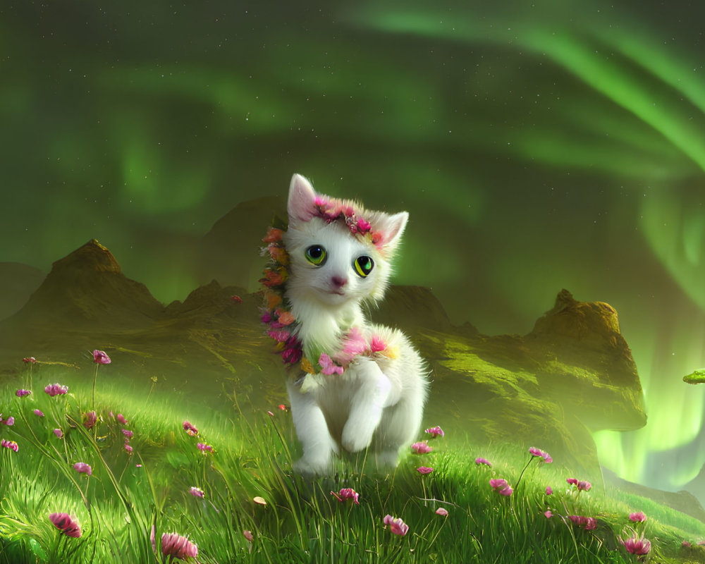 White Kitten with Pink Flowers and Hamster in Fantasy Landscape