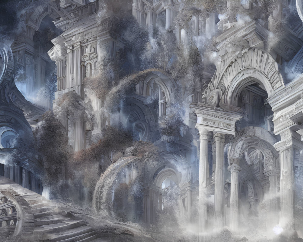 Detailed blue-toned illustration of ancient architecture with grand arches and swirling patterns in mist.