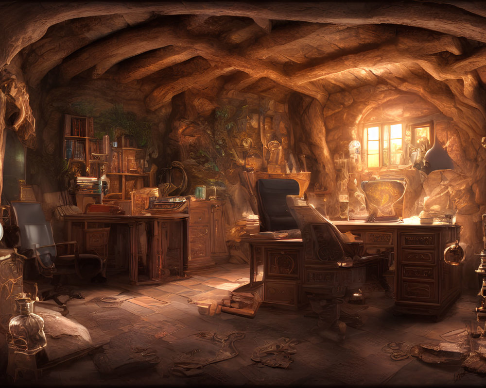 Warmly lit underground study with desk, chair, bookshelves, and antiquities