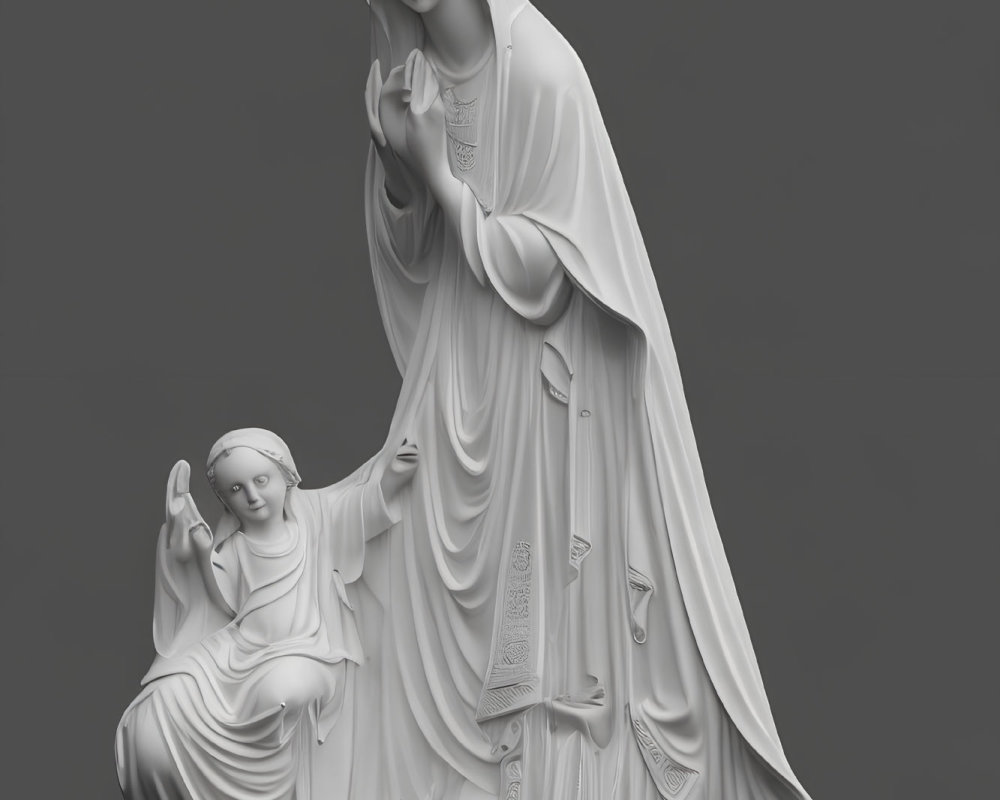 Monochrome sculpture of robed woman with child in tender moment