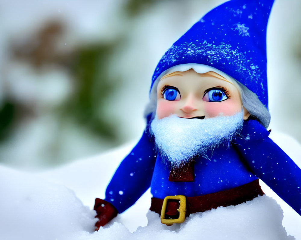 Colorful Gnome Figurine with Blue Hat and Beard in Snowy Setting