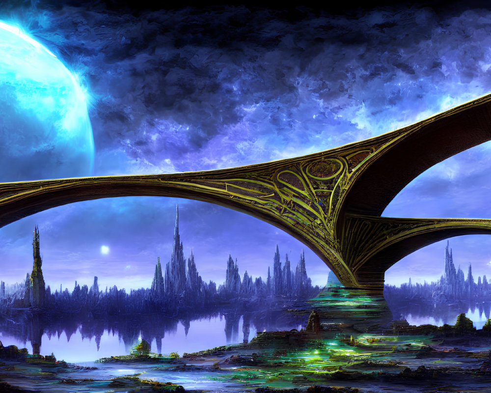 Fantastical landscape with glowing blue moon, bridge, and spire-like structures