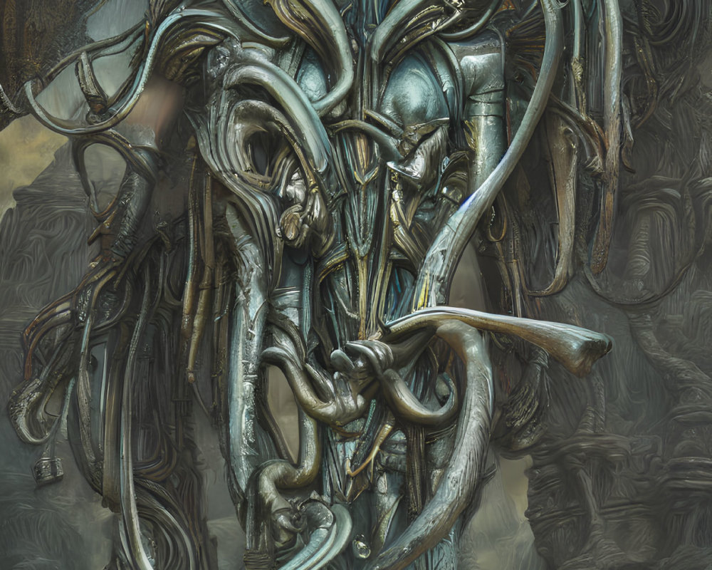 Intricate Metallic Sculpture Featuring Humanoid Figures and Abstract Shapes