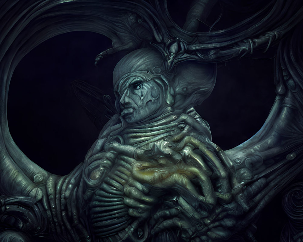 Elaborate surreal humanoid figure in dark swirling armor