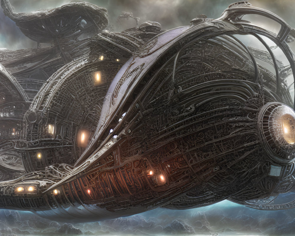 Detailed Futuristic Spaceship with Glowing Lights in Stormy Atmosphere