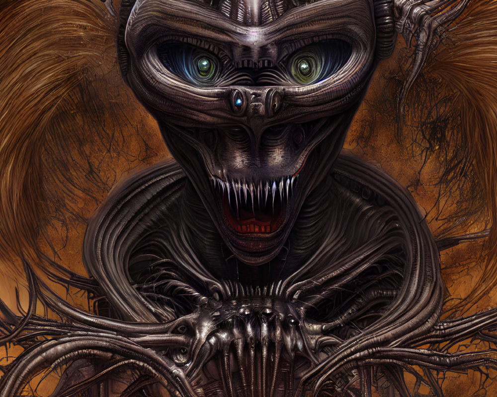 Detailed Digital Art: Menacing Alien with Green Eyes and Biomechanical Features