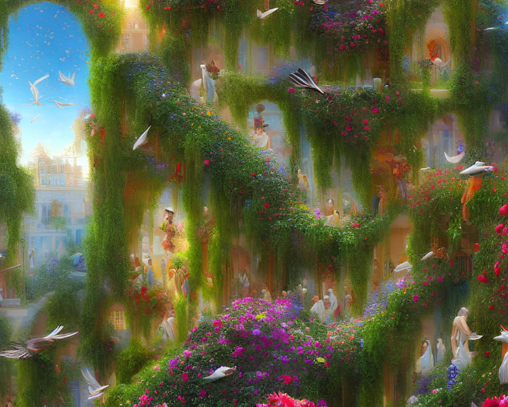 Lush Fantasy Garden Scene with Birds, Flowers, and Ethereal Figures