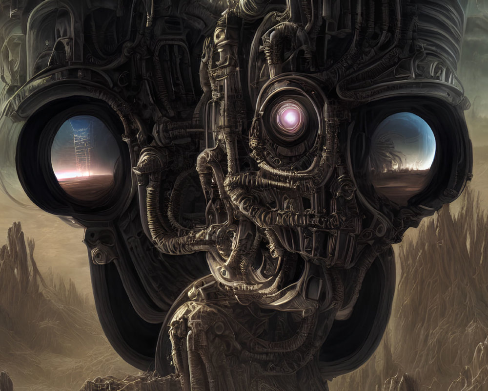 Sci-fi artwork featuring intricate mechanical structure with lens-like components in rocky landscape