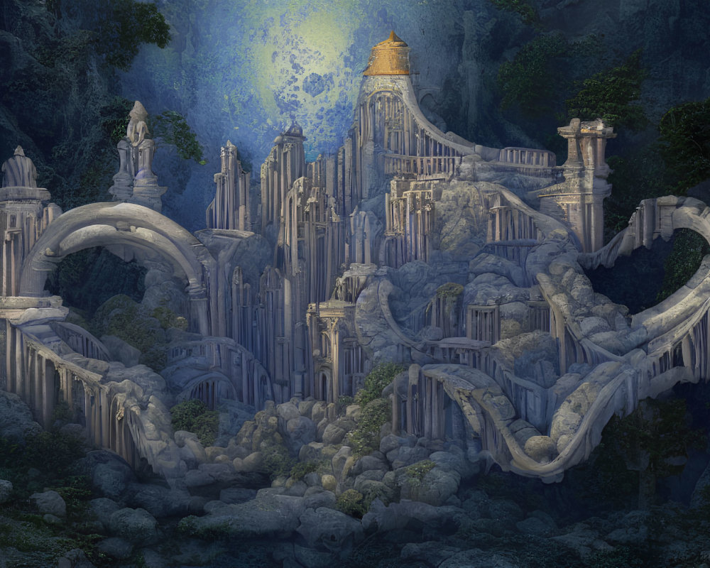 Fantasy palace with intricate architecture in cliffside forest at night