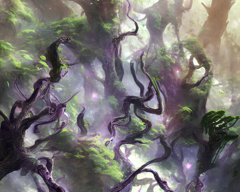Ethereal forest with twisted trees and mystical purple fog