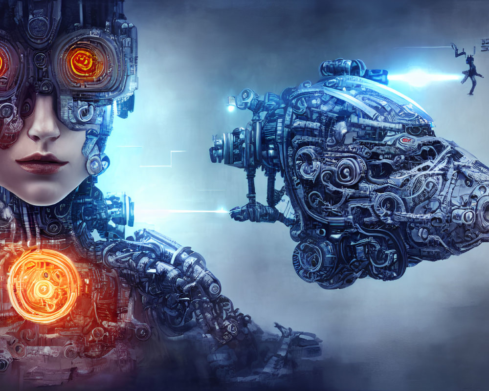 Digital artwork of cyborg woman with mechanical details and futuristic elements