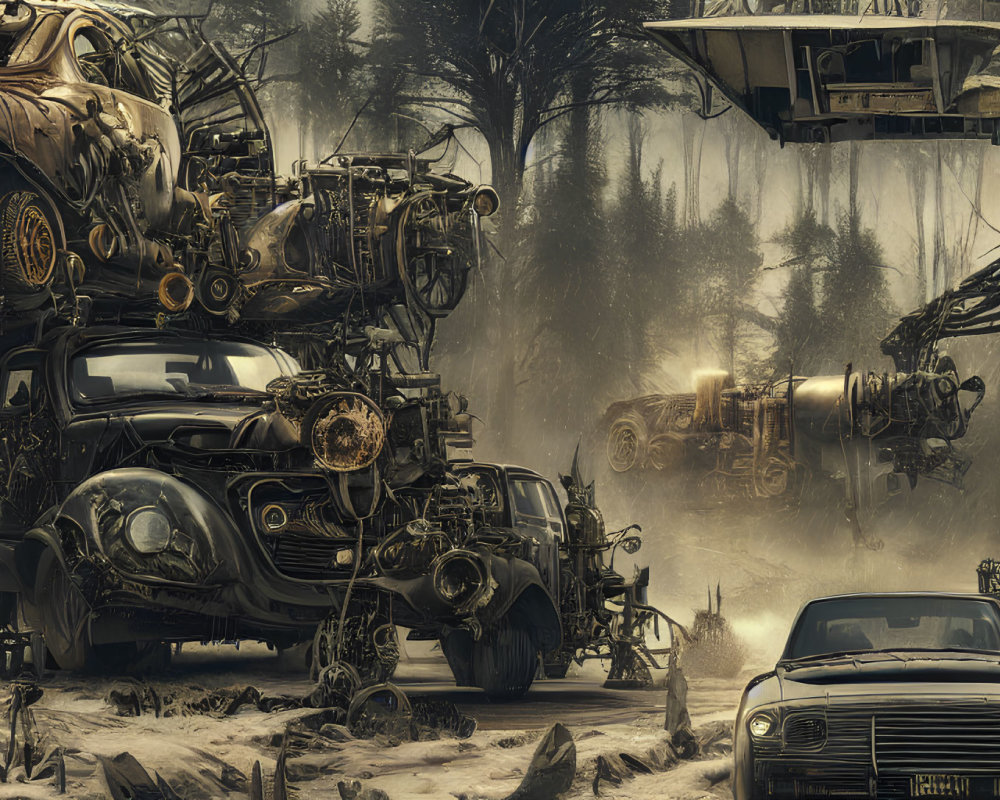 Dystopian scene with stacked cars, mechanical parts, and hovering platform in foggy woods